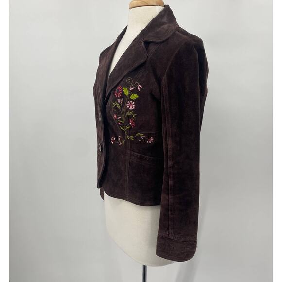 Y2K Suede Leather Jacket Floral Embroidery Front Button Down Brown Womens Medium - Picture 8 of 12